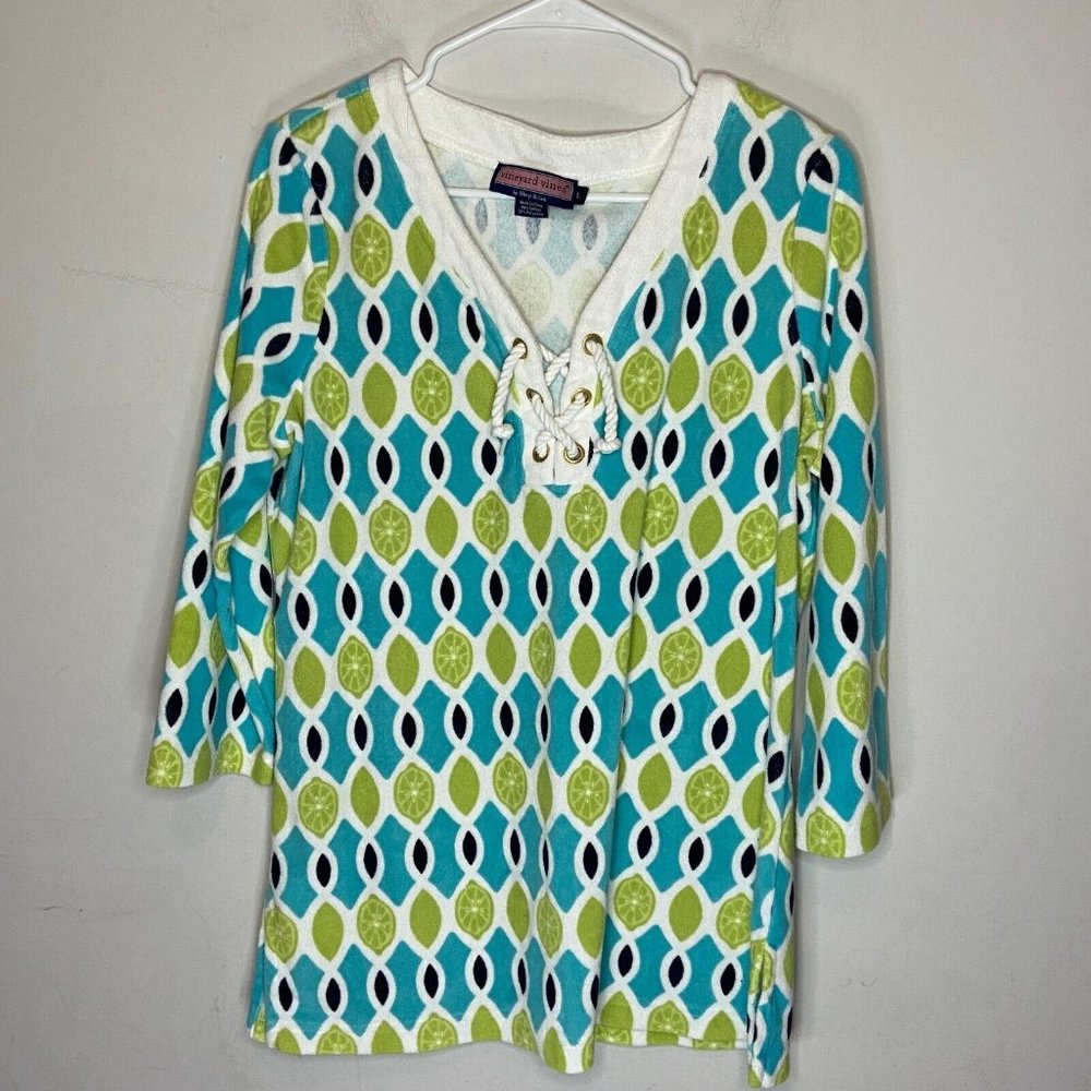 Vineyard Vines Womens L Terry Cloth Top Lime Print Green Coverup Beach N…